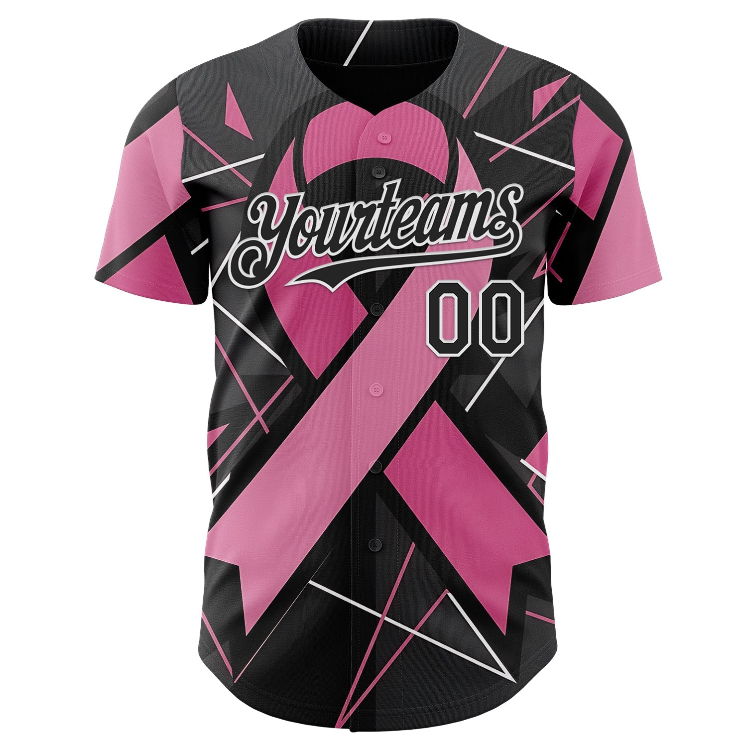 Custom Black Pink-White Breast Cancer Awareness Fight Pink Ribbon Authentic Baseball Jersey view 2