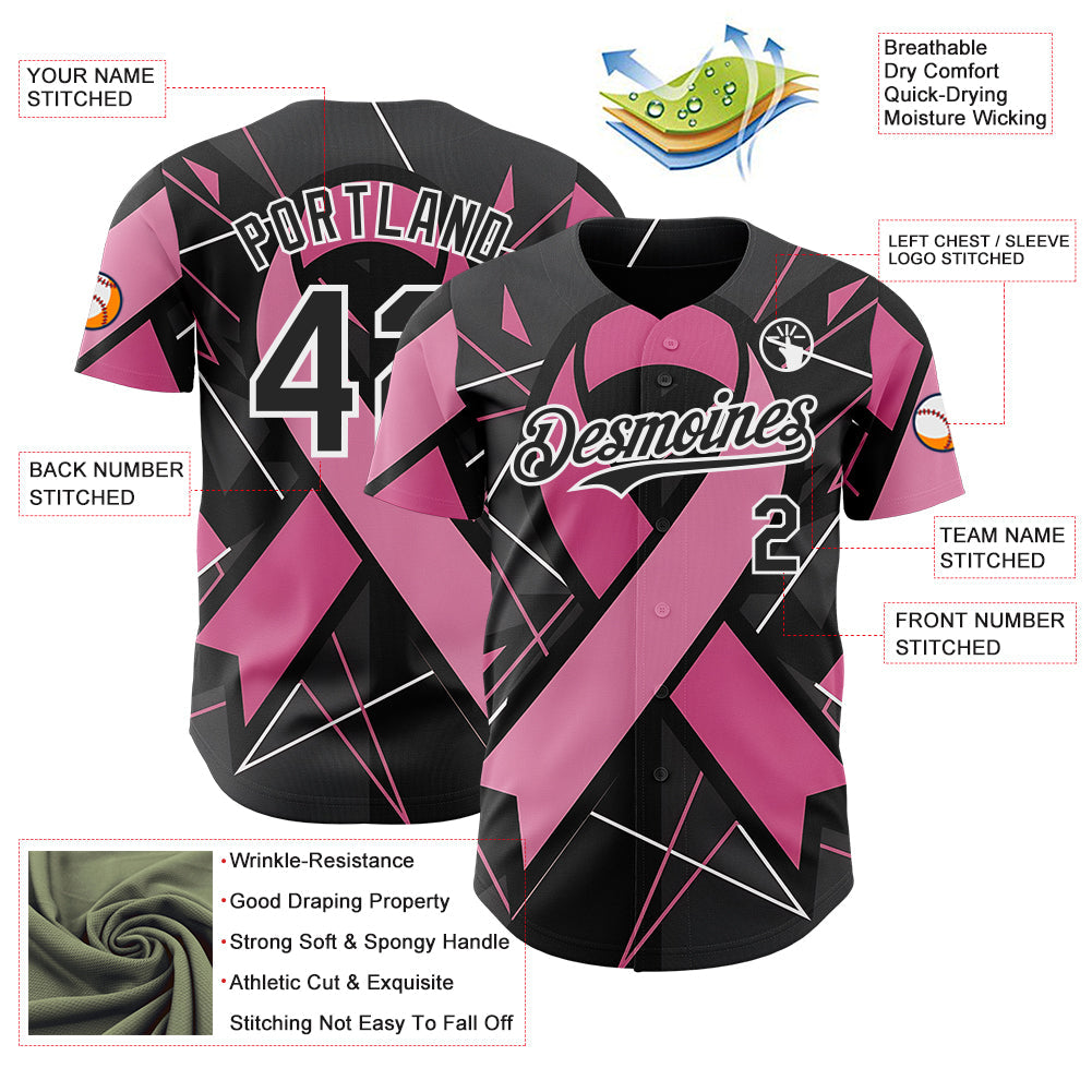 Custom Black Pink-White Breast Cancer Awareness Fight Pink Ribbon Authentic Baseball Jersey view 3