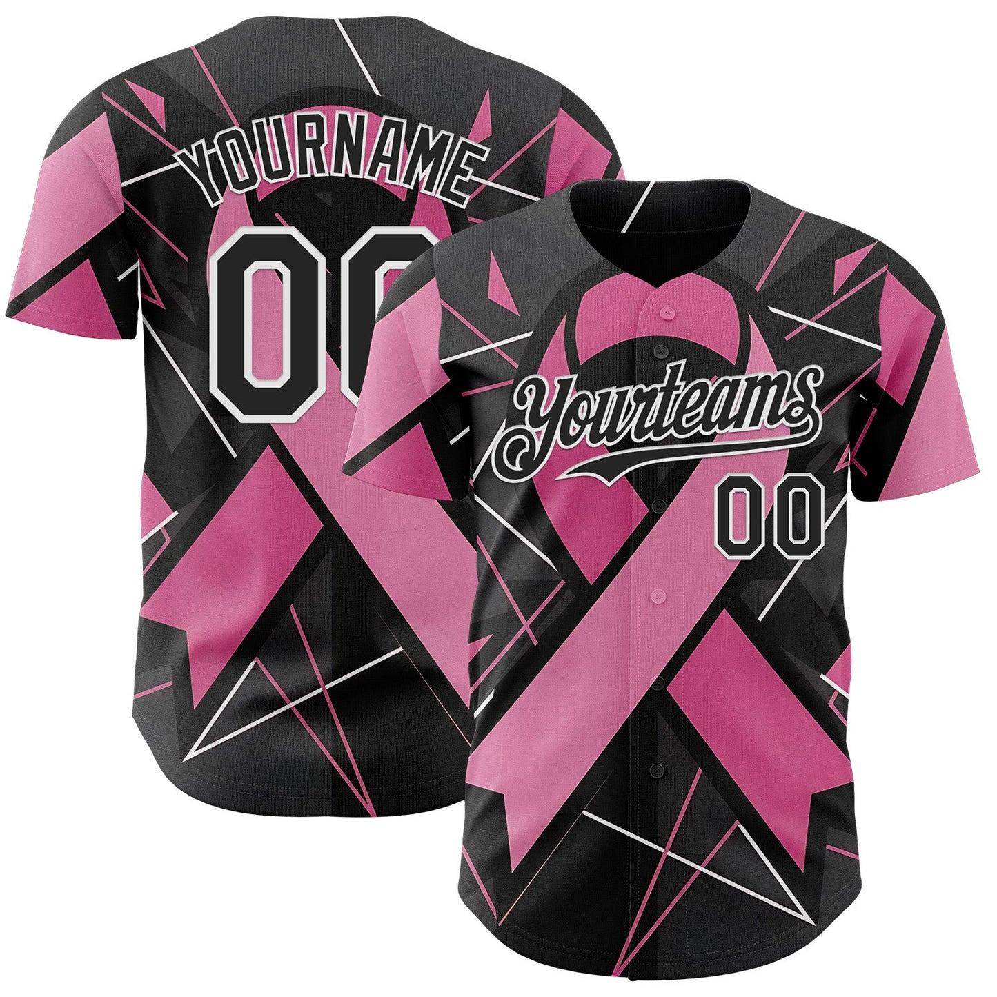 Custom Black Pink-White Breast Cancer Awareness Fight Pink Ribbon Authentic Baseball Jersey - Main View