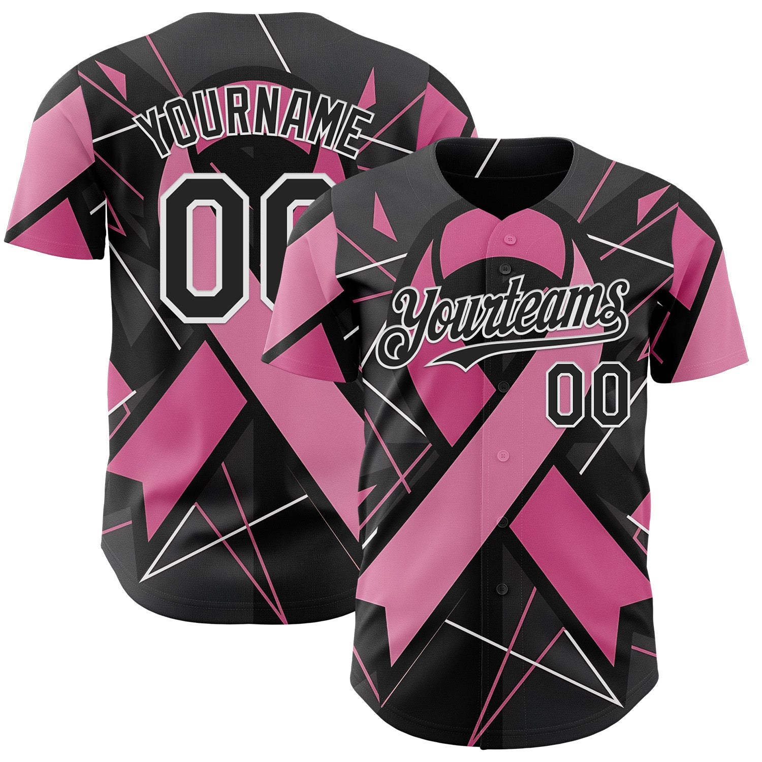 Custom Black Pink-White Breast Cancer Awareness Fight Pink Ribbon Authentic Baseball Jersey - Main View