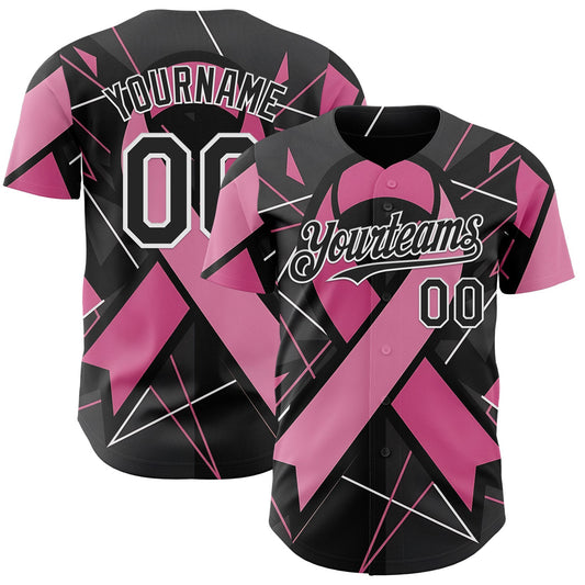Custom Black Pink-White Breast Cancer Awareness Fight Pink Ribbon Authentic Baseball Jersey - Main View