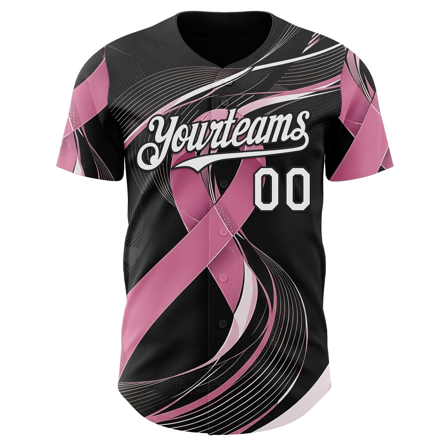 Custom Black White-Pink Breast Cancer Awareness Fight Pink Ribbon Wave Authentic Baseball Jersey view 2