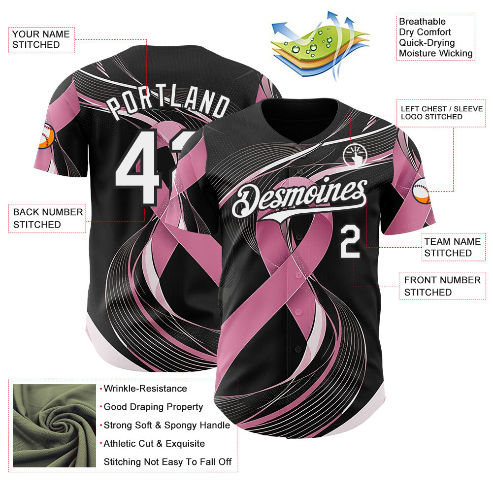 Custom Black White-Pink Breast Cancer Awareness Fight Pink Ribbon Wave Authentic Baseball Jersey view 3