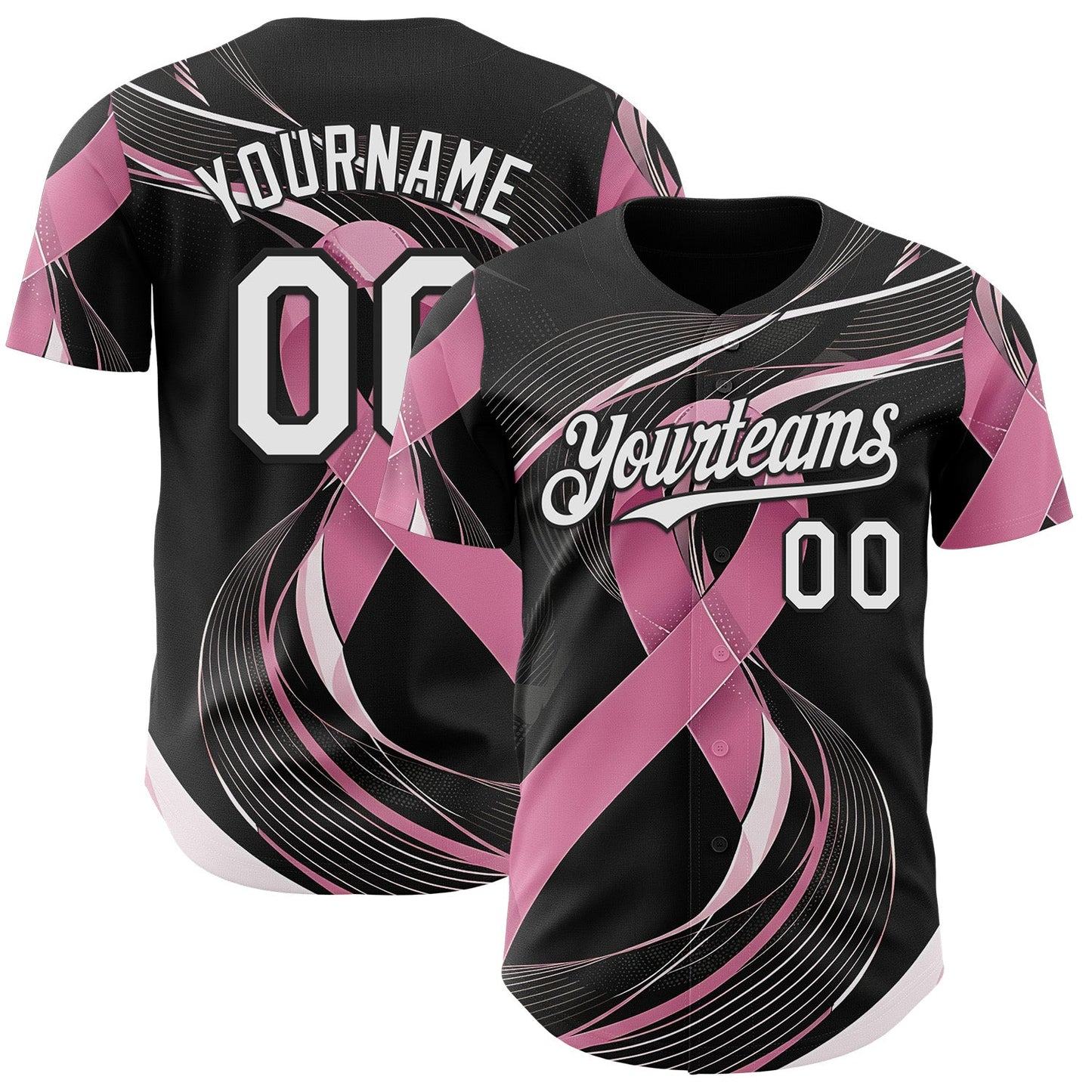 Custom Black White-Pink Breast Cancer Awareness Fight Pink Ribbon Wave Authentic Baseball Jersey - Main View