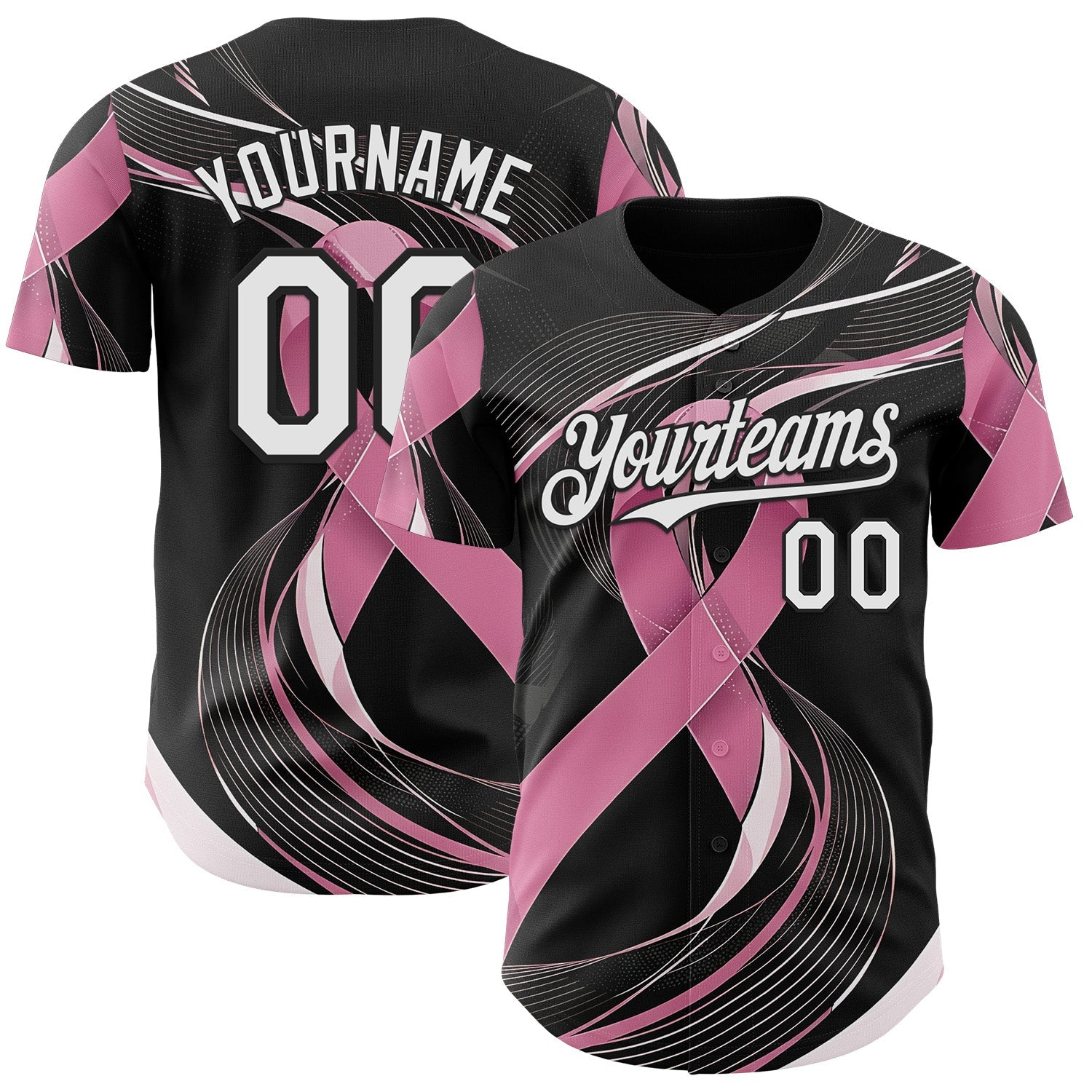 Custom Black White-Pink Breast Cancer Awareness Fight Pink Ribbon Wave Authentic Baseball Jersey - Main View