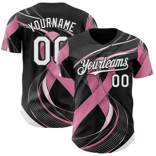 Custom Black White-Pink Breast Cancer Awareness Fight Pink Ribbon Wave Authentic Baseball Jersey - Main View