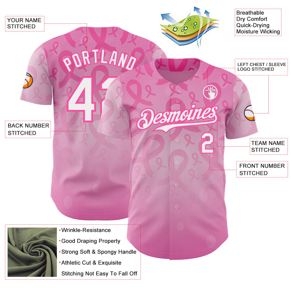 Custom Pink-White Breast Cancer Awareness Pink Ribbon Support Authentic Baseball Jersey view 3