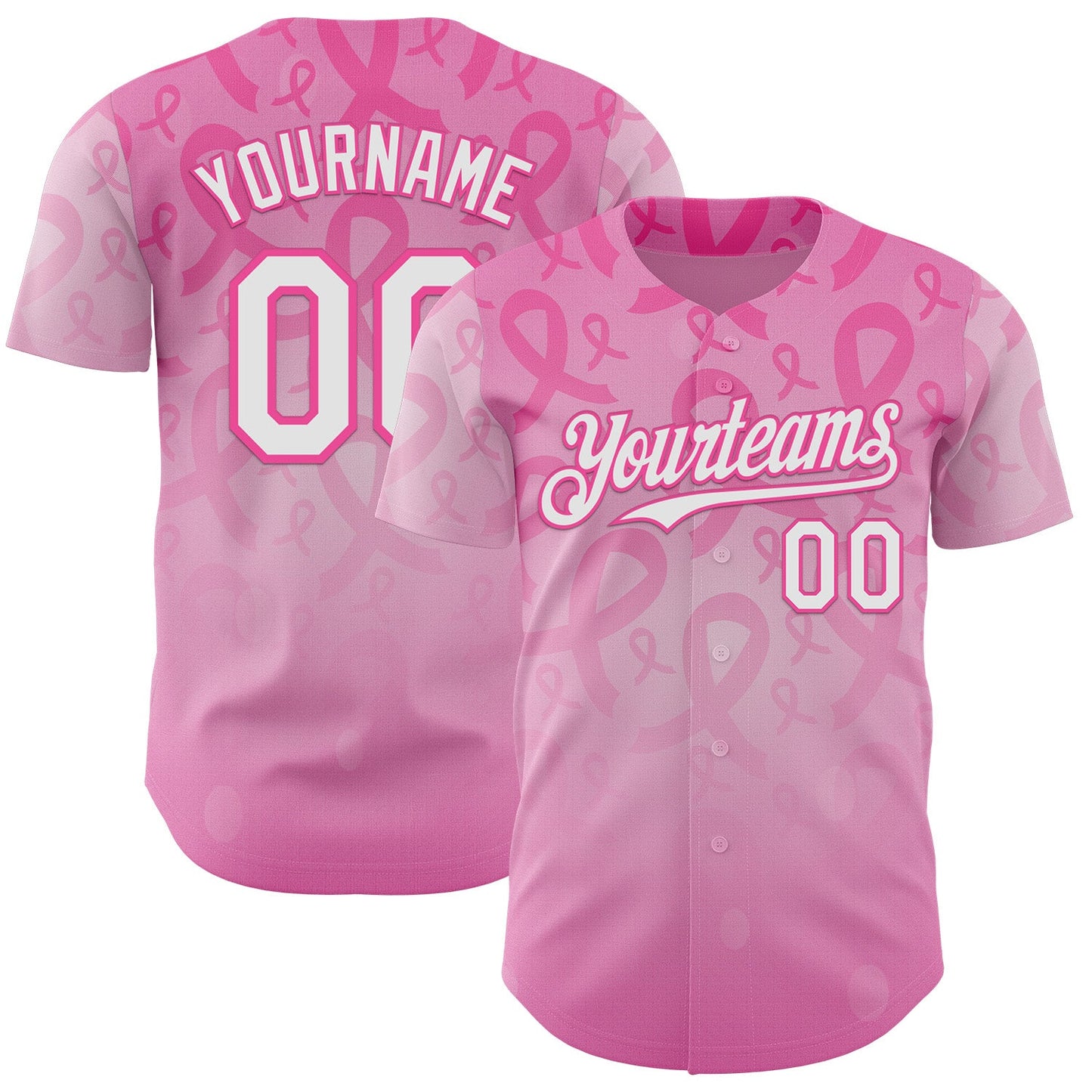 Custom Pink-White Breast Cancer Awareness Pink Ribbon Support Authentic Baseball Jersey - Main View