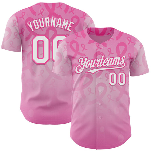 Custom Pink-White Breast Cancer Awareness Pink Ribbon Support Authentic Baseball Jersey - Main View