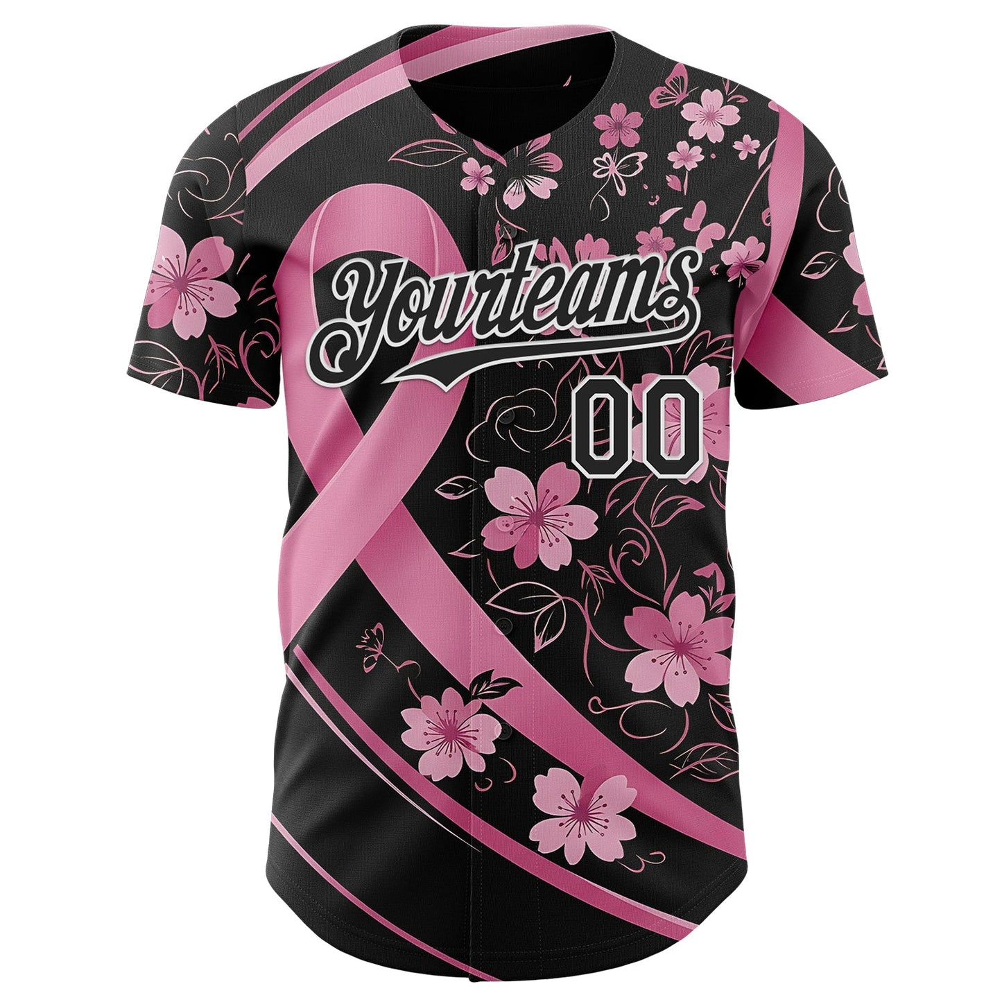 Custom Black Pink-White Breast Cancer Awareness Pink Ribbon Floral Authentic Baseball Jersey view 2