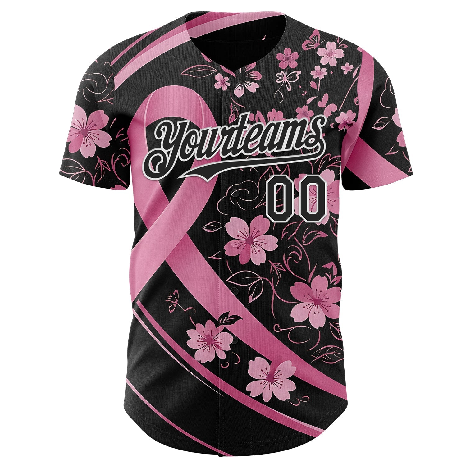 Custom Black Pink-White Breast Cancer Awareness Pink Ribbon Floral Authentic Baseball Jersey view 2