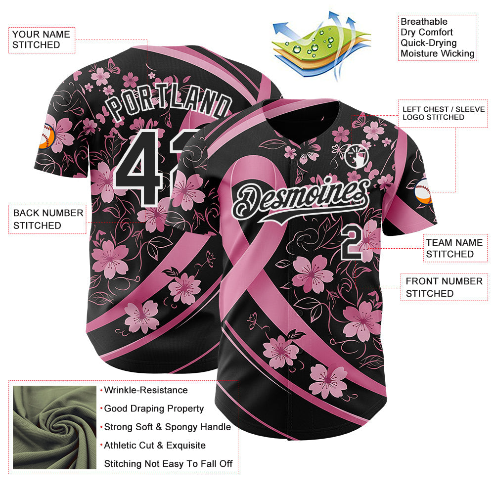Custom Black Pink-White Breast Cancer Awareness Pink Ribbon Floral Authentic Baseball Jersey view 3