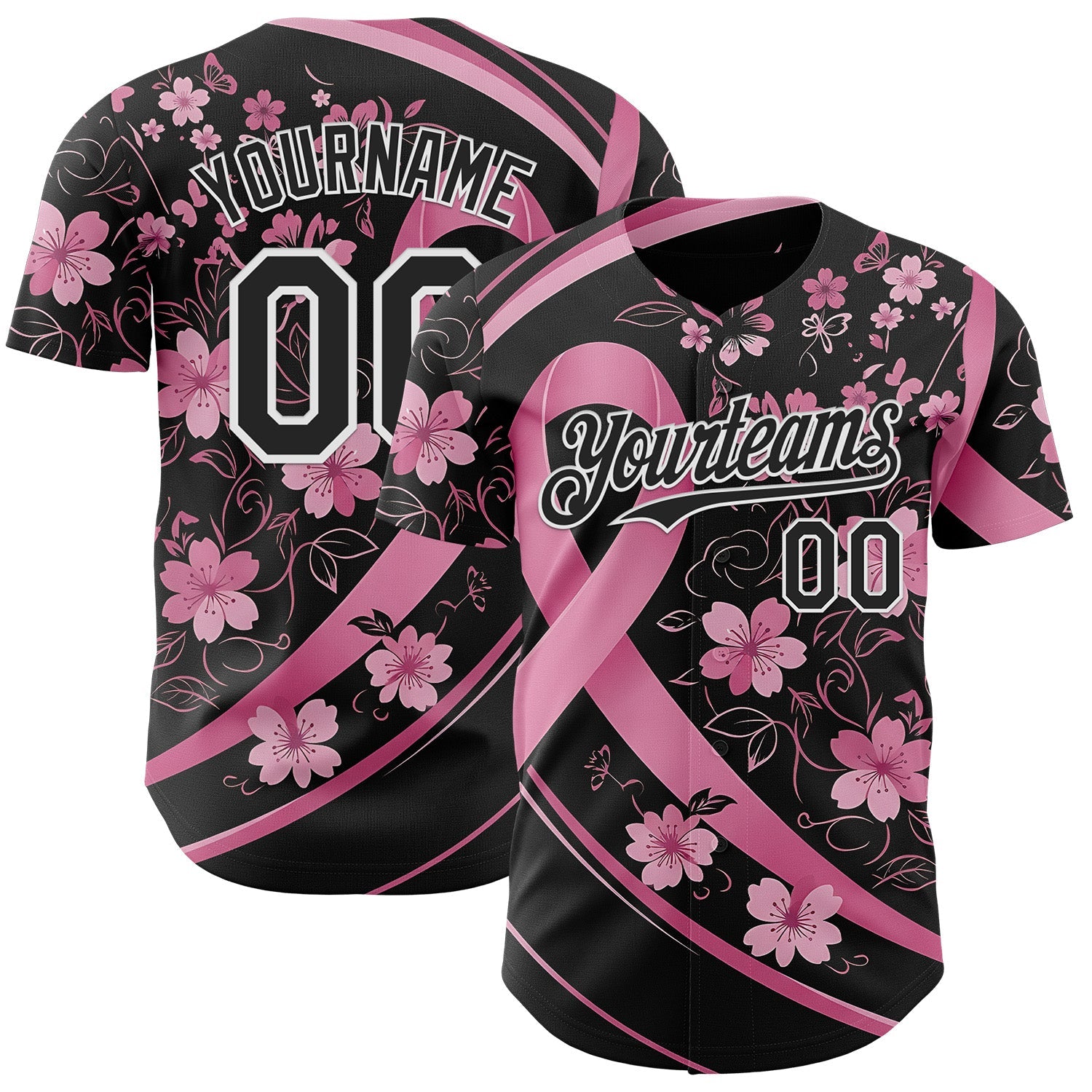 Custom Black Pink-White Breast Cancer Awareness Pink Ribbon Floral Authentic Baseball Jersey - Main View
