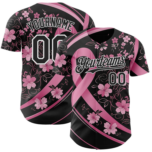 Custom Black Pink-White Breast Cancer Awareness Pink Ribbon Floral Authentic Baseball Jersey - Main View