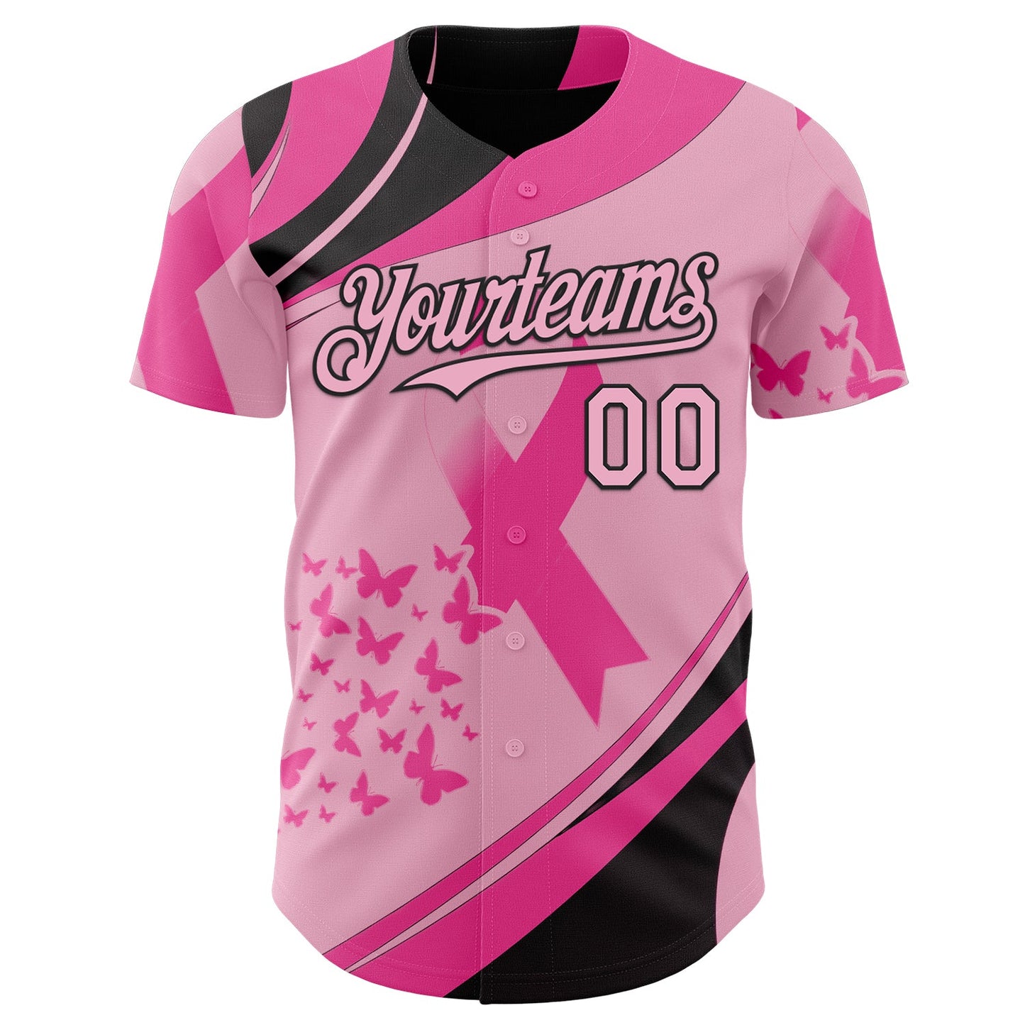 Custom Light Pink-Black Breast Cancer Awareness Pink Ribbon Butterfly Authentic Baseball Jersey view 2