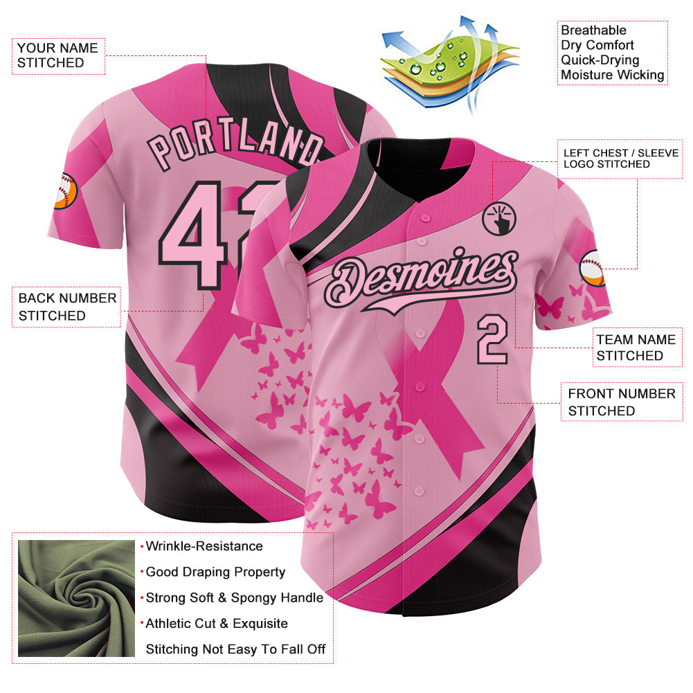 Custom Light Pink-Black Breast Cancer Awareness Pink Ribbon Butterfly Authentic Baseball Jersey view 3