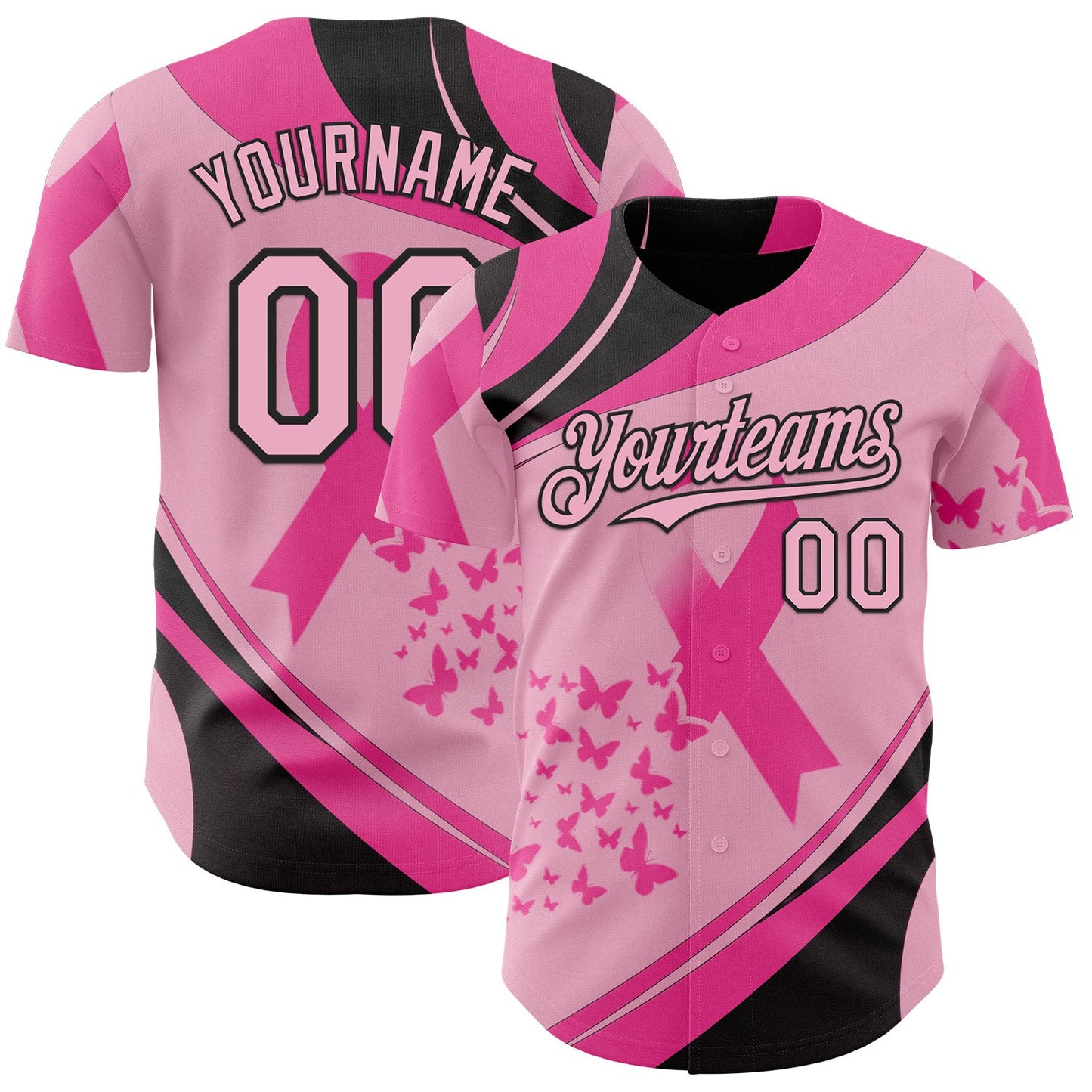 Custom Light Pink-Black Breast Cancer Awareness Pink Ribbon Butterfly Authentic Baseball Jersey - Main View