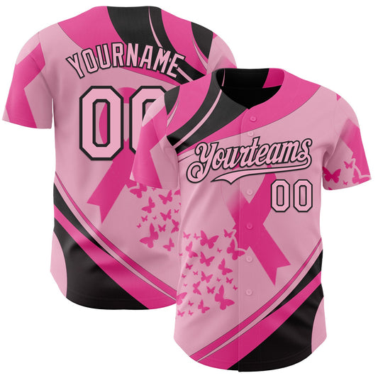 Custom Light Pink-Black Breast Cancer Awareness Pink Ribbon Butterfly Authentic Baseball Jersey - Main View