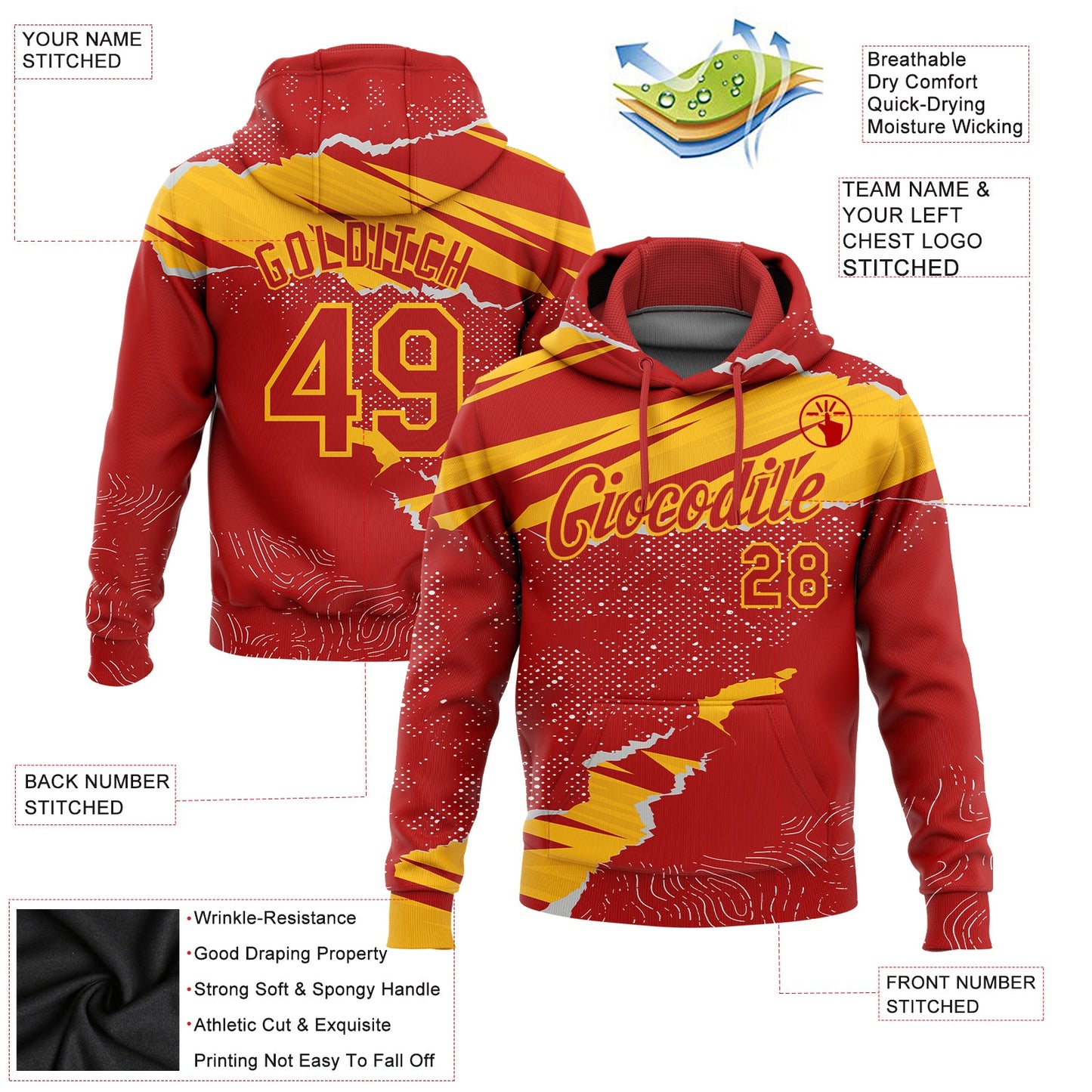 Custom Stitched Red Gold 3D Pattern Design Torn Paper Style Sports Pullover Sweatshirt Hoodie view 2