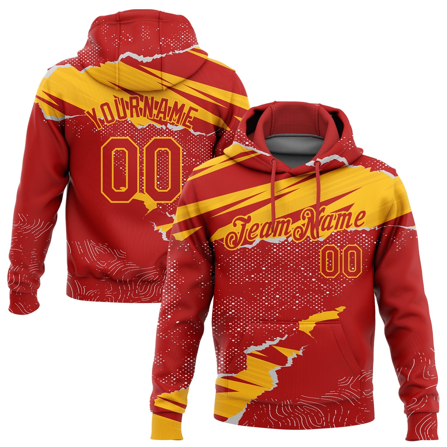 Custom Stitched Red Gold 3D Pattern Design Torn Paper Style Sports Pullover Sweatshirt Hoodie - Main View