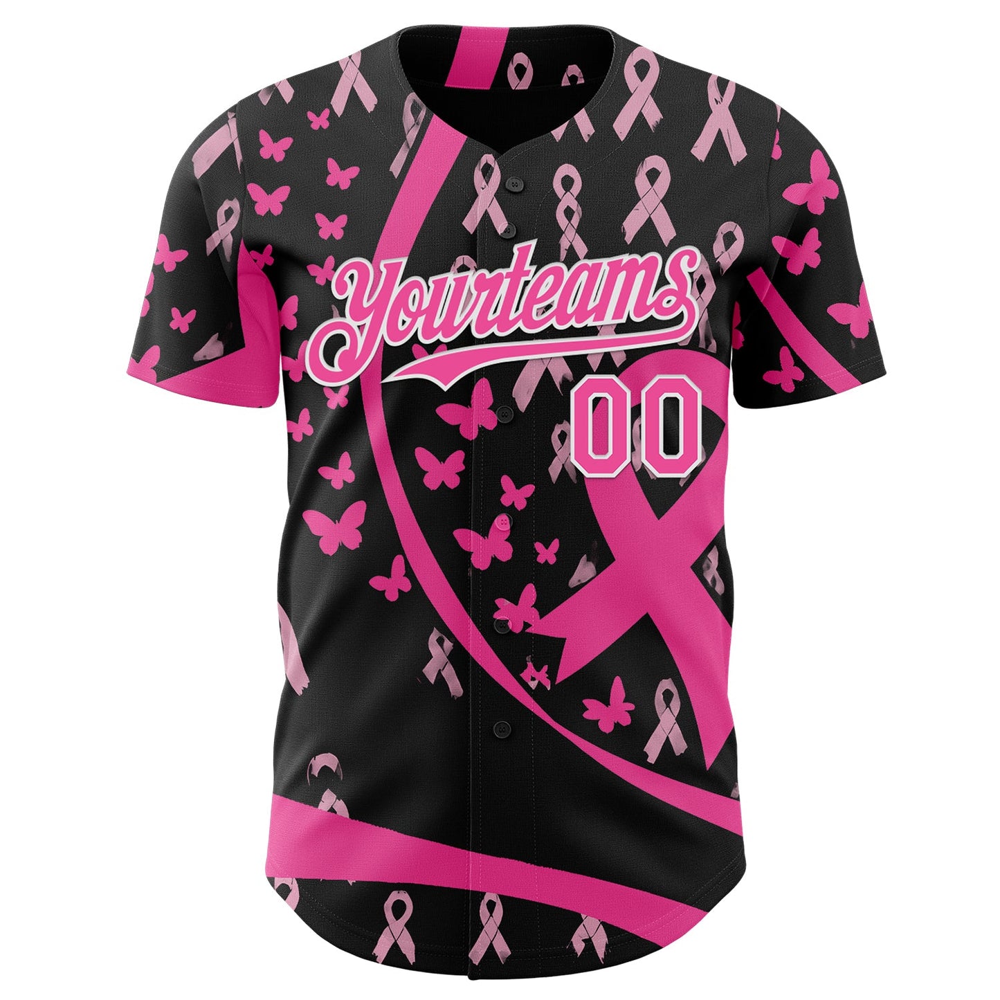 Custom Black Pink-White Breast Cancer Awareness Pink Ribbon Butterfly Authentic Baseball Jersey view 2