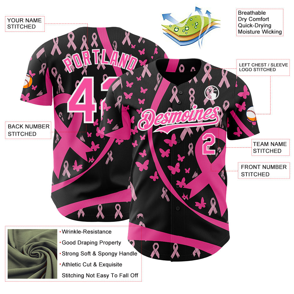 Custom Black Pink-White Breast Cancer Awareness Pink Ribbon Butterfly Authentic Baseball Jersey view 3