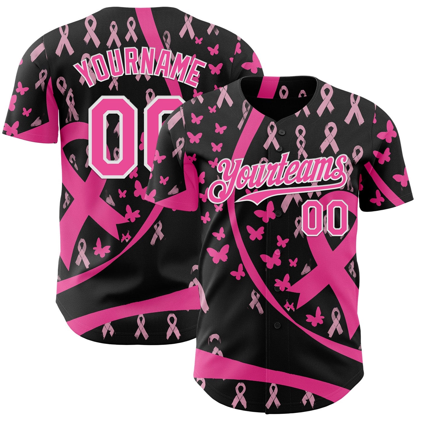 Custom Black Pink-White Breast Cancer Awareness Pink Ribbon Butterfly Authentic Baseball Jersey - Main View