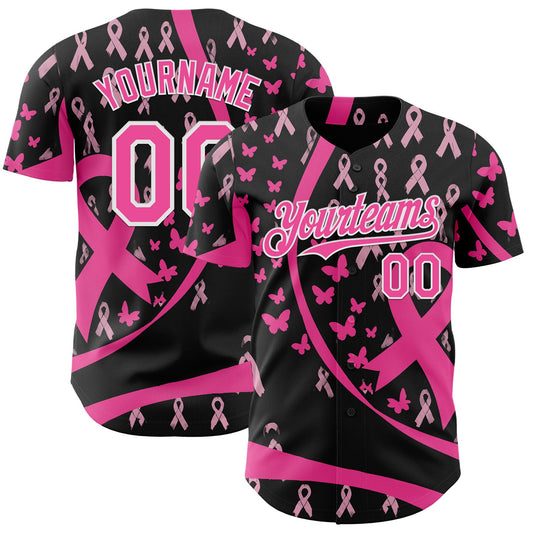 Custom Black Pink-White Breast Cancer Awareness Pink Ribbon Butterfly Authentic Baseball Jersey - Main View