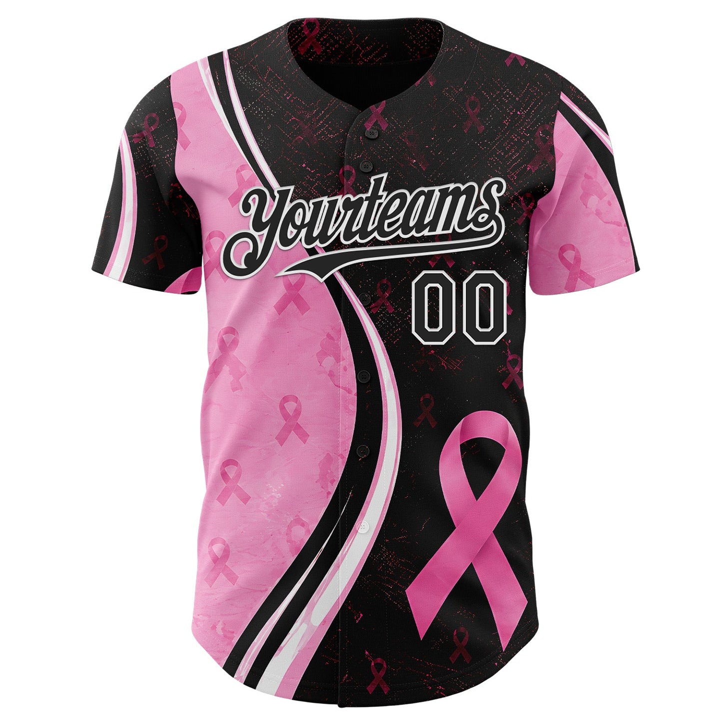 Custom Black Pink-White Breast Cancer Awareness Pink Ribbon Authentic Baseball Jersey view 2