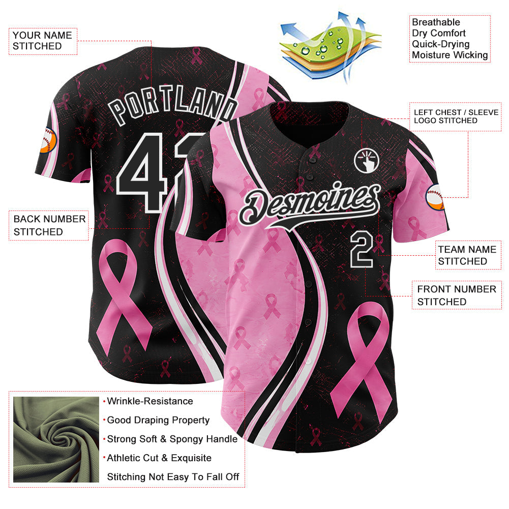 Custom Black Pink-White Breast Cancer Awareness Pink Ribbon Authentic Baseball Jersey view 3