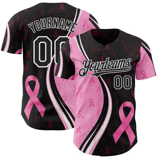 Custom Black Pink-White Breast Cancer Awareness Pink Ribbon Authentic Baseball Jersey - Main View