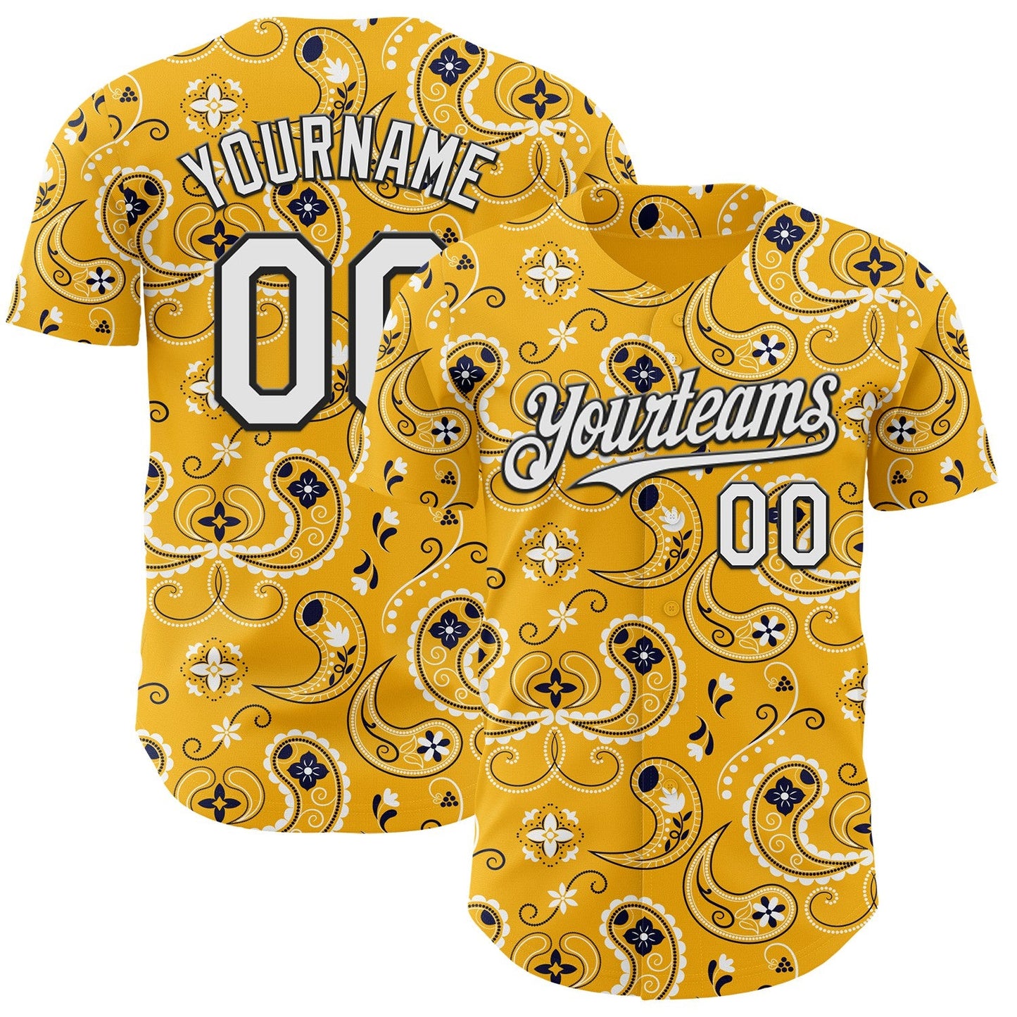 Custom Gold White-Black Burning Man Paisley Bandana Rave Authentic Baseball Jersey - Main View
