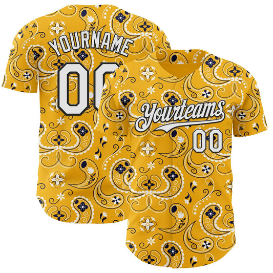 Custom Gold White-Black Burning Man Paisley Bandana Rave Authentic Baseball Jersey - Main View