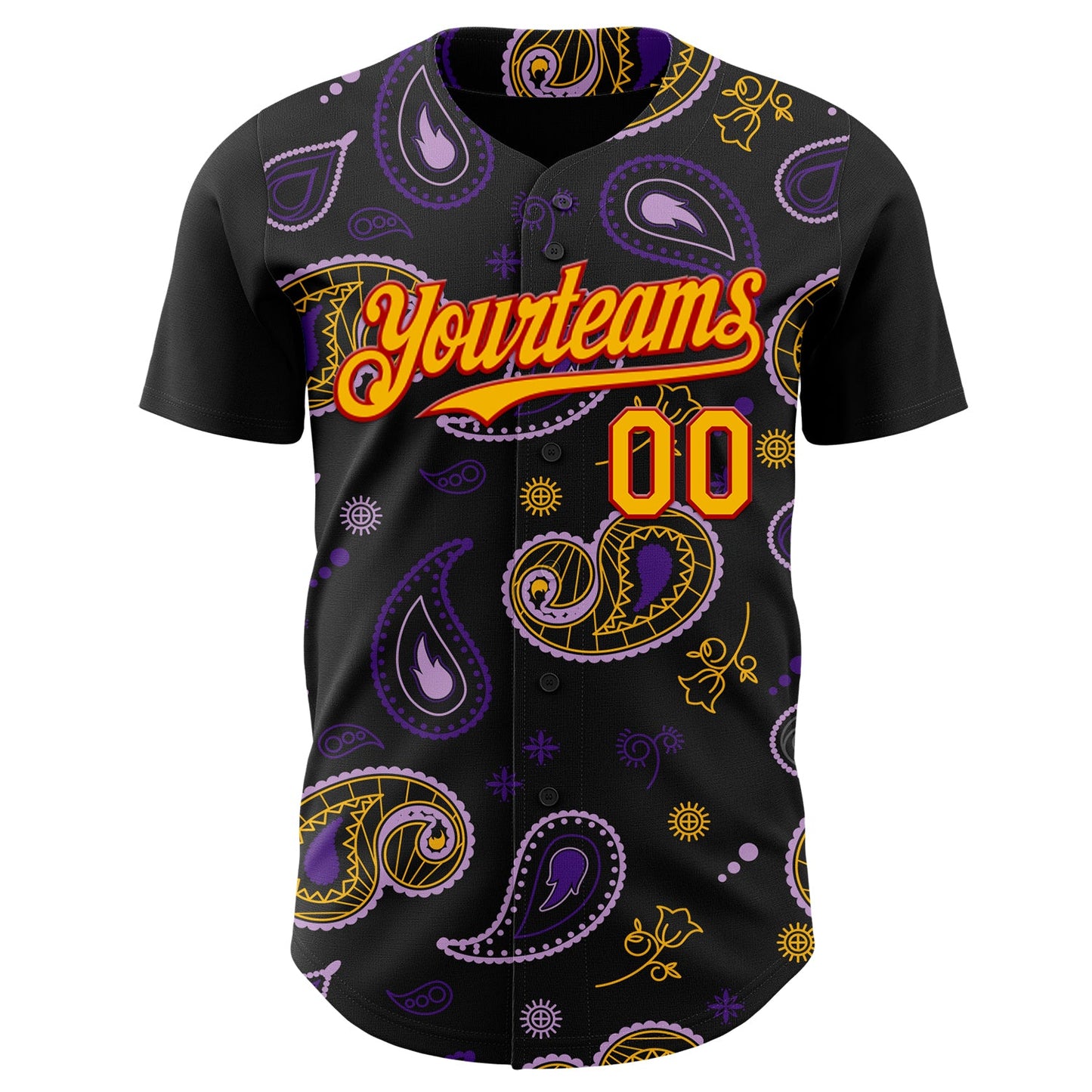 Custom Black Gold Purple-Red Burning Man Paisley Bandana Rave Authentic Baseball Jersey view 2