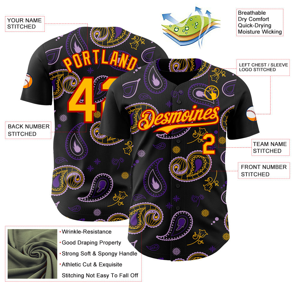 Custom Black Gold Purple-Red Burning Man Paisley Bandana Rave Authentic Baseball Jersey view 3