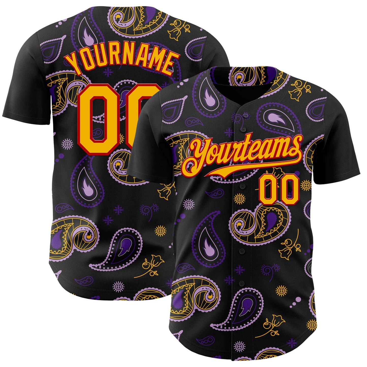 Custom Black Gold Purple-Red Burning Man Paisley Bandana Rave Authentic Baseball Jersey - Main View