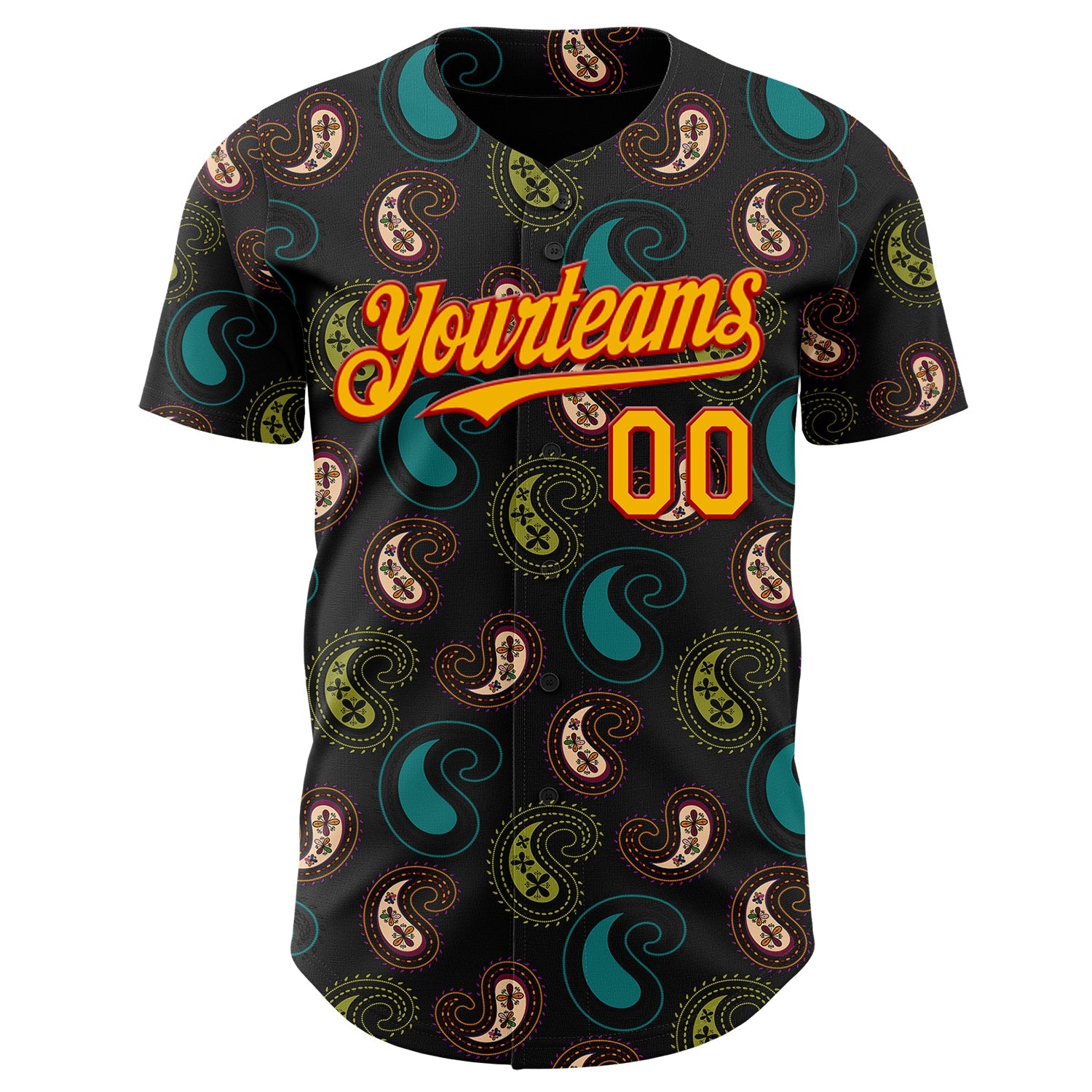 Custom Black Gold Green-Red Burning Man Paisley Bandana Rave Authentic Baseball Jersey view 2