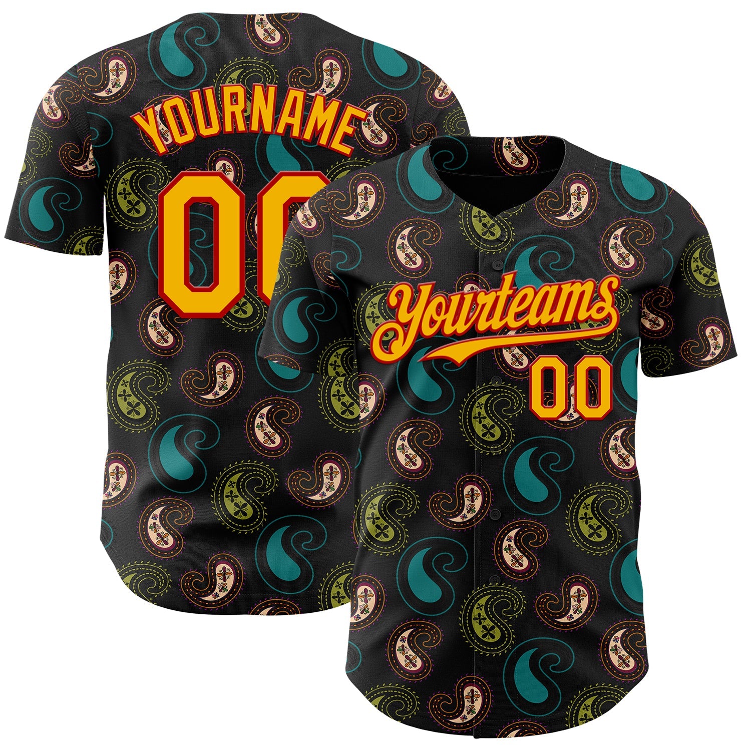 Custom Black Gold Green-Red Burning Man Paisley Bandana Rave Authentic Baseball Jersey - Main View