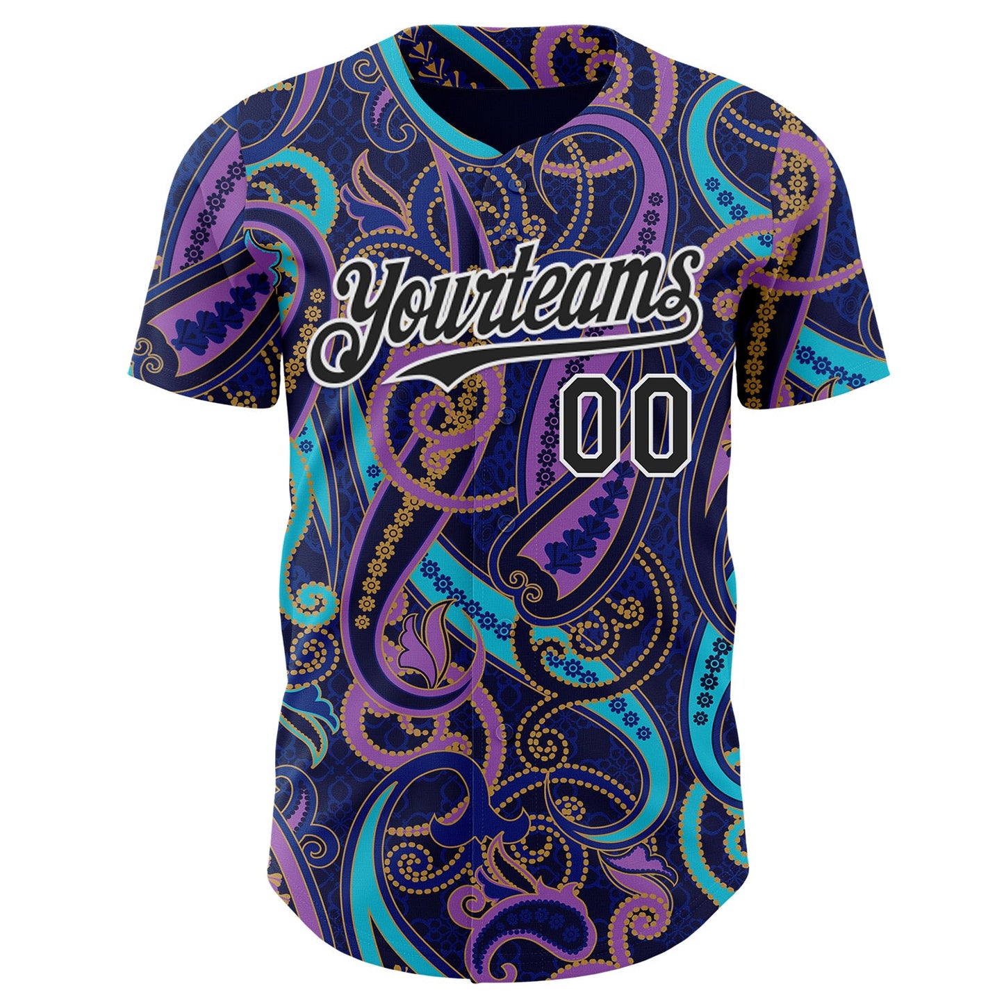 Custom Navy Black Purple Blue-White Burning Man Paisley Bandana Rave Authentic Baseball Jersey view 2