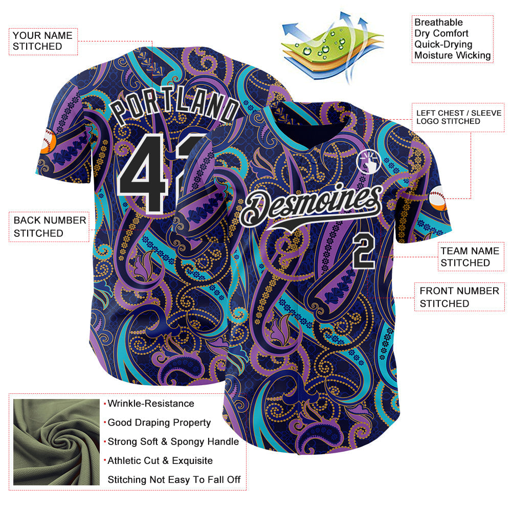 Custom Navy Black Purple Blue-White Burning Man Paisley Bandana Rave Authentic Baseball Jersey view 3