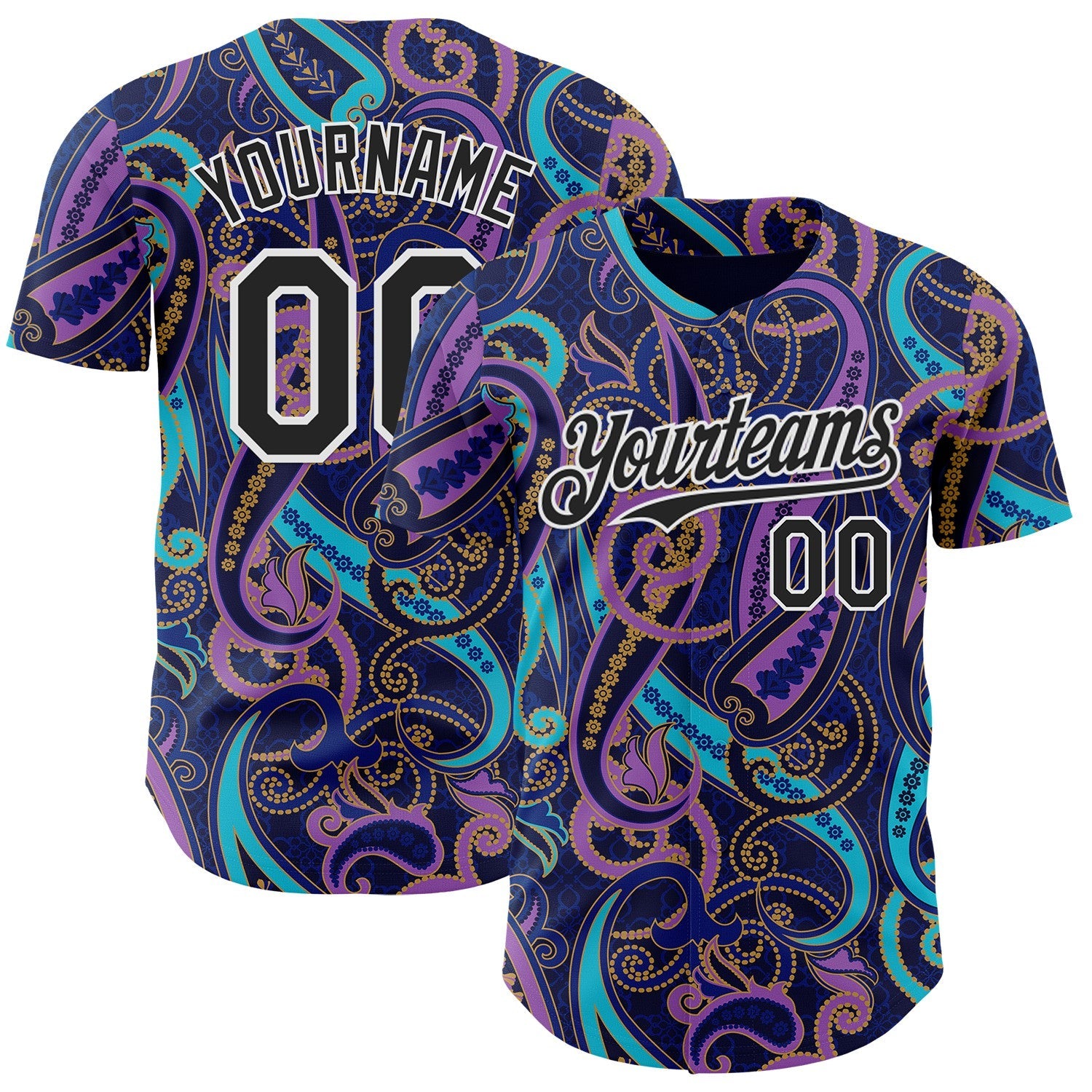 Custom Navy Black Purple Blue-White Burning Man Paisley Bandana Rave Authentic Baseball Jersey - Main View