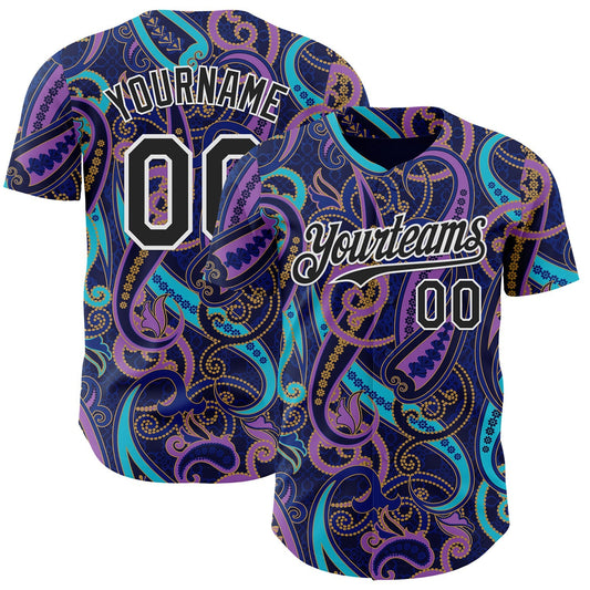 Custom Navy Black Purple Blue-White Burning Man Paisley Bandana Rave Authentic Baseball Jersey - Main View