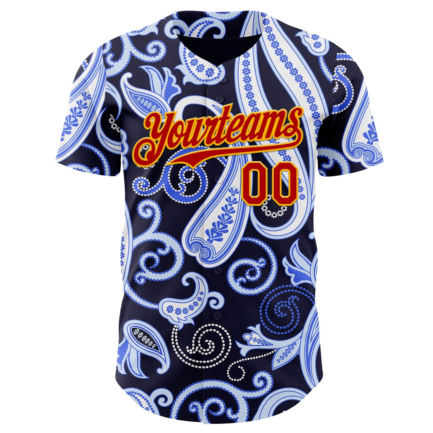 Custom Navy Red Blue-Gold Burning Man Paisley Bandana Rave Authentic Baseball Jersey view 2