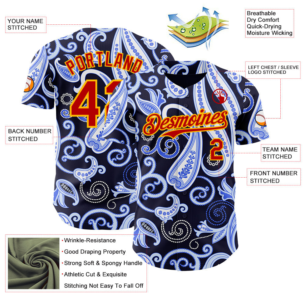 Custom Navy Red Blue-Gold Burning Man Paisley Bandana Rave Authentic Baseball Jersey view 3