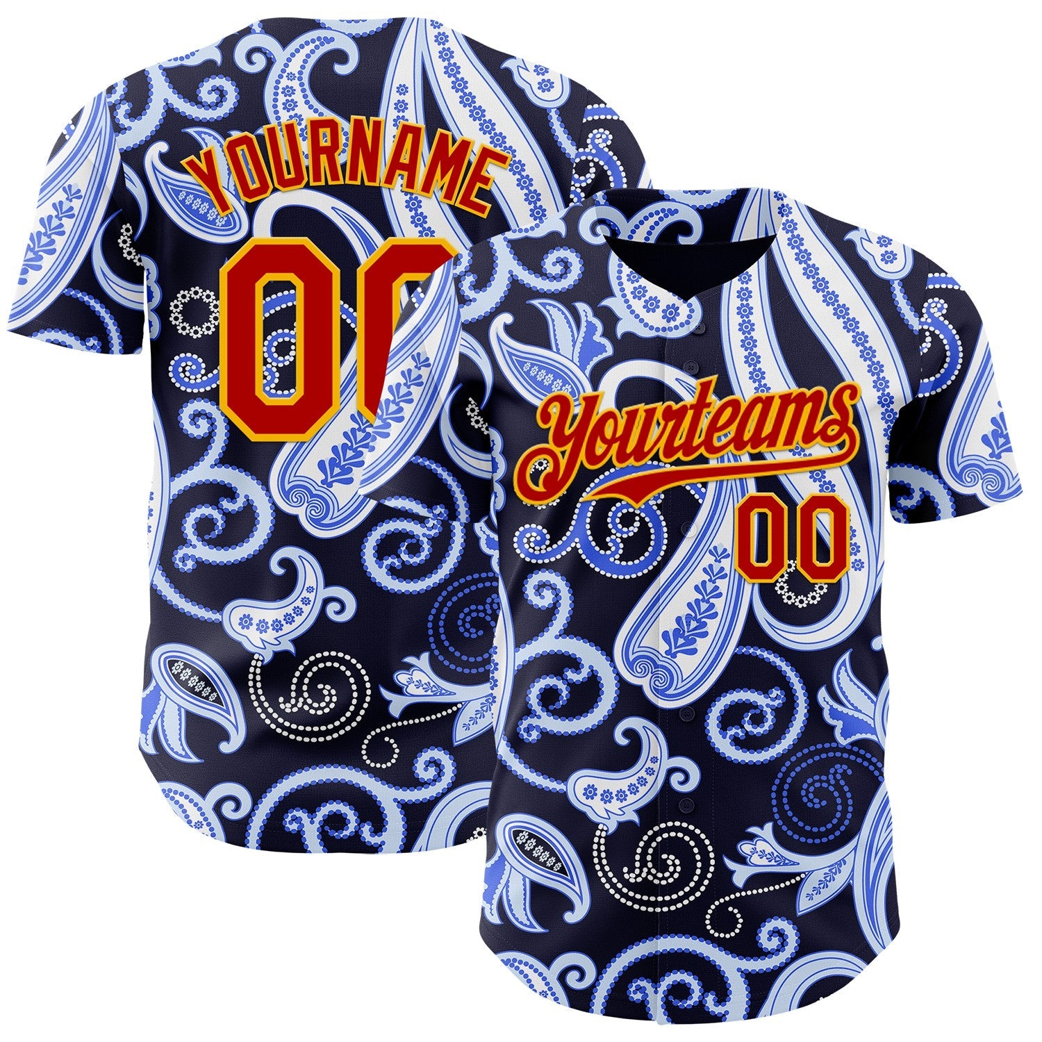 Custom Navy Red Blue-Gold Burning Man Paisley Bandana Rave Authentic Baseball Jersey - Main View