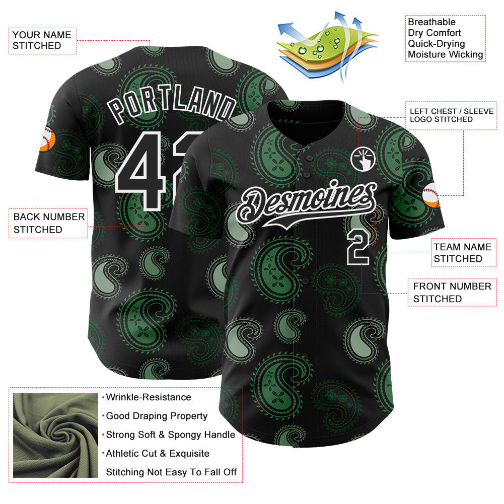 Custom Black Green-White Burning Man Paisley Bandana Rave Authentic Baseball Jersey view 3