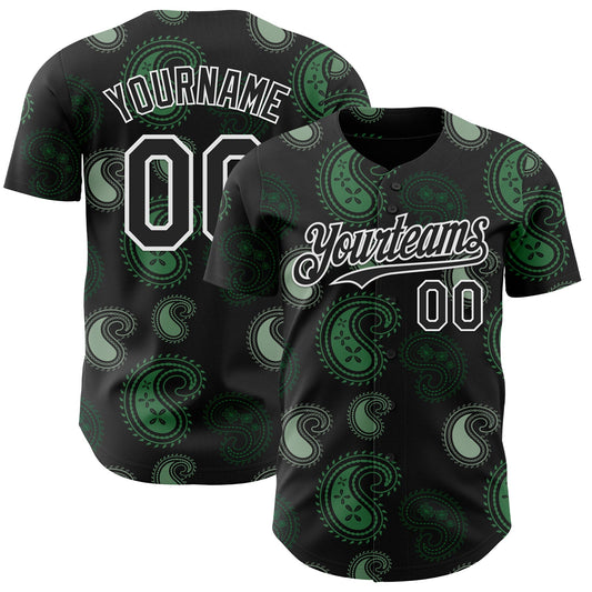 Custom Black Green-White Burning Man Paisley Bandana Rave Authentic Baseball Jersey - Main View