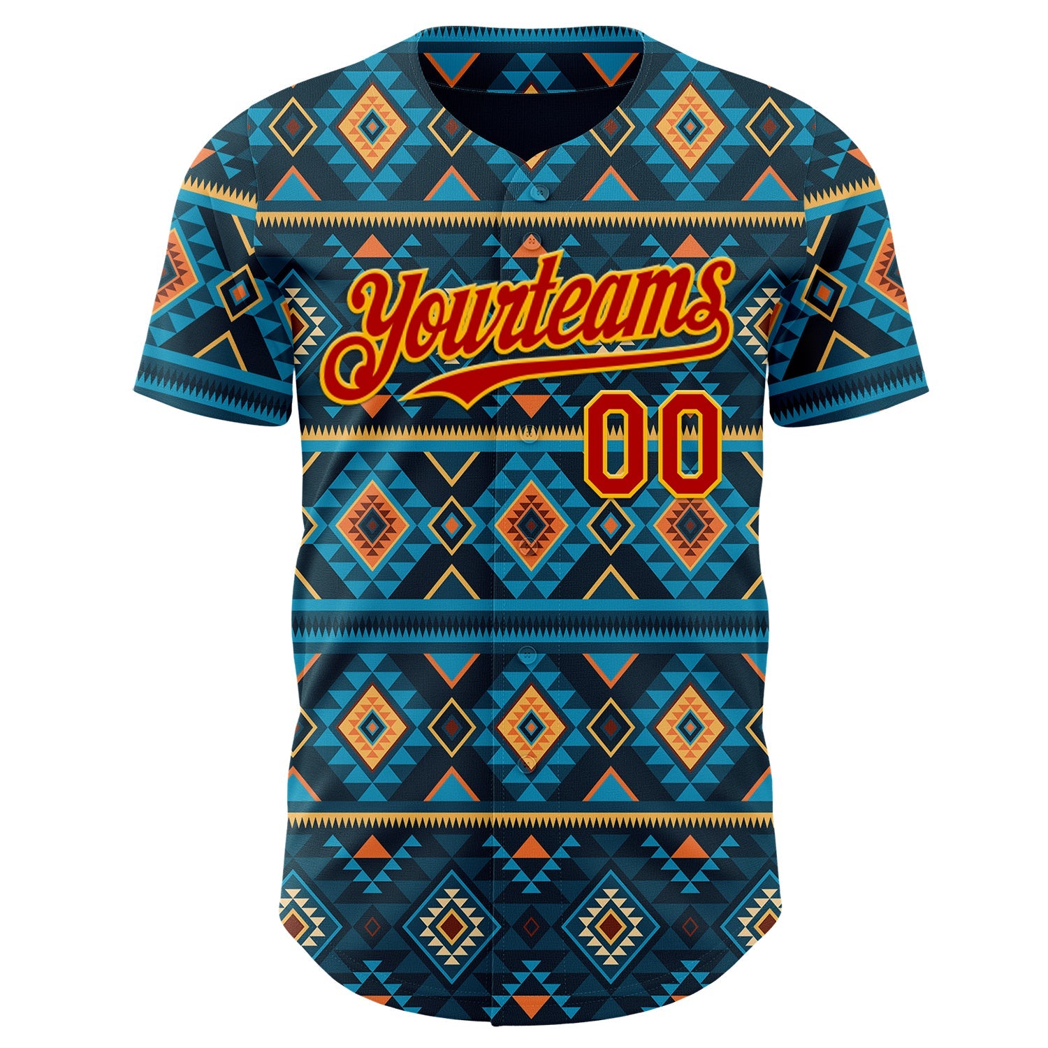 Custom Blue Red-Gold Burning Man Aztec Tribal Geometric Authentic Baseball Jersey view 2
