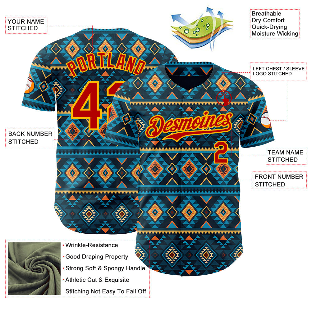 Custom Blue Red-Gold Burning Man Aztec Tribal Geometric Authentic Baseball Jersey view 3