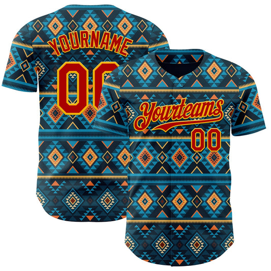 Custom Blue Red-Gold Burning Man Aztec Tribal Geometric Authentic Baseball Jersey - Main View
